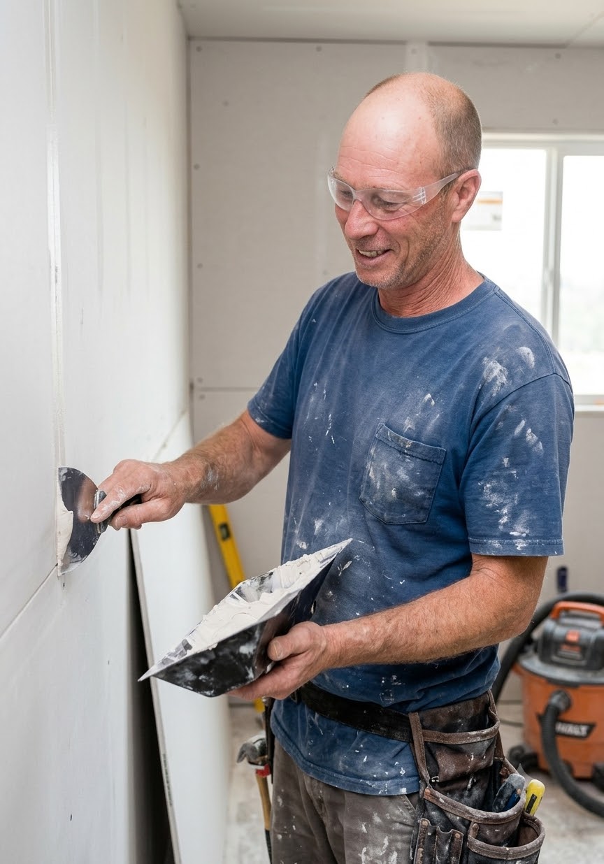 Gregg Scott, owner of Scott Drywall, finishing drywall on a job site in the Springfield, MO area